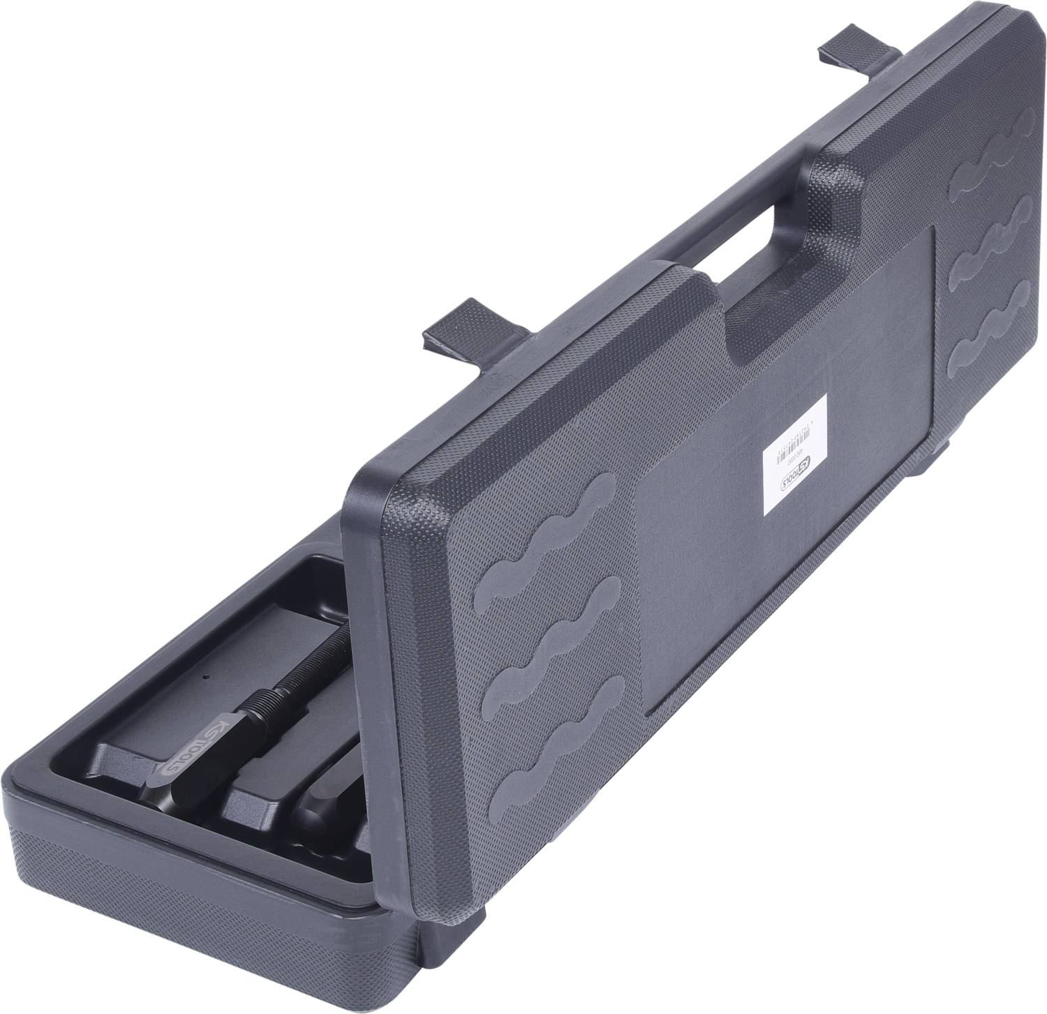 Czarny walizka na narzędzia z tworzywa sztucznego, częściowo otwarta, z wieloma przegródkami i uchwytem na górze.