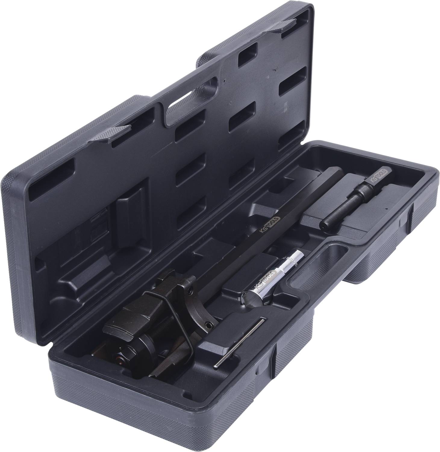 Czarny kufer narzędziowy z precyzyjnymi narzędziami do regulacji i osprzętem, odpowiedni do prac technicznych.