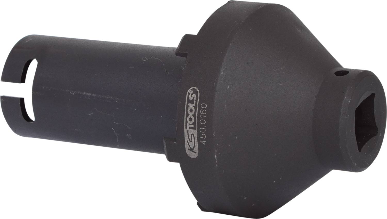 Czarny sokel narzędziowy z cylindryczną i stożkową sekcją, oznaczony napisem 'KS TOOLS 450.0160', na białym tle.