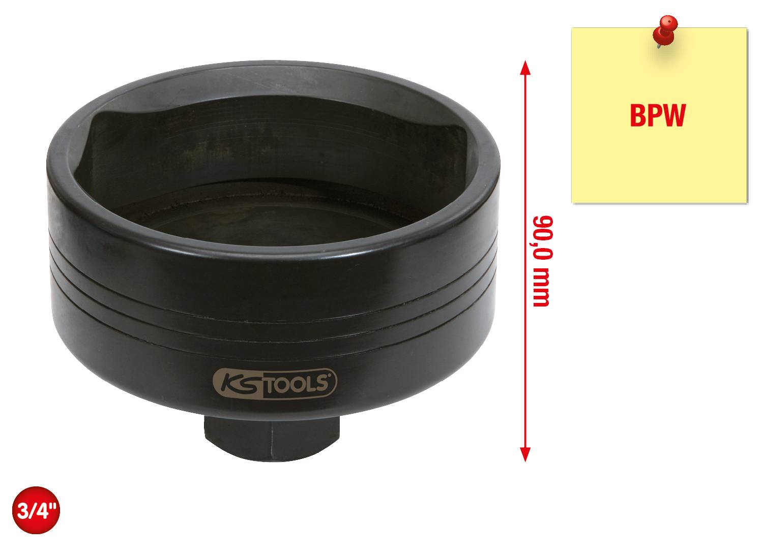 Czarno-szara tuleja KS Tools z napisem 'BPW', średnica 90 mm, napęd 3/4 cala. Czerwona strzałka wskazuje wysokość.