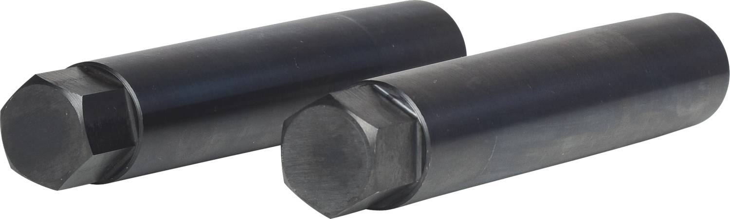 Dwa czarne, cylindryczne narzędzia metalowe z sześciokątną główką, używane do prac mechanicznych lub mocowań.