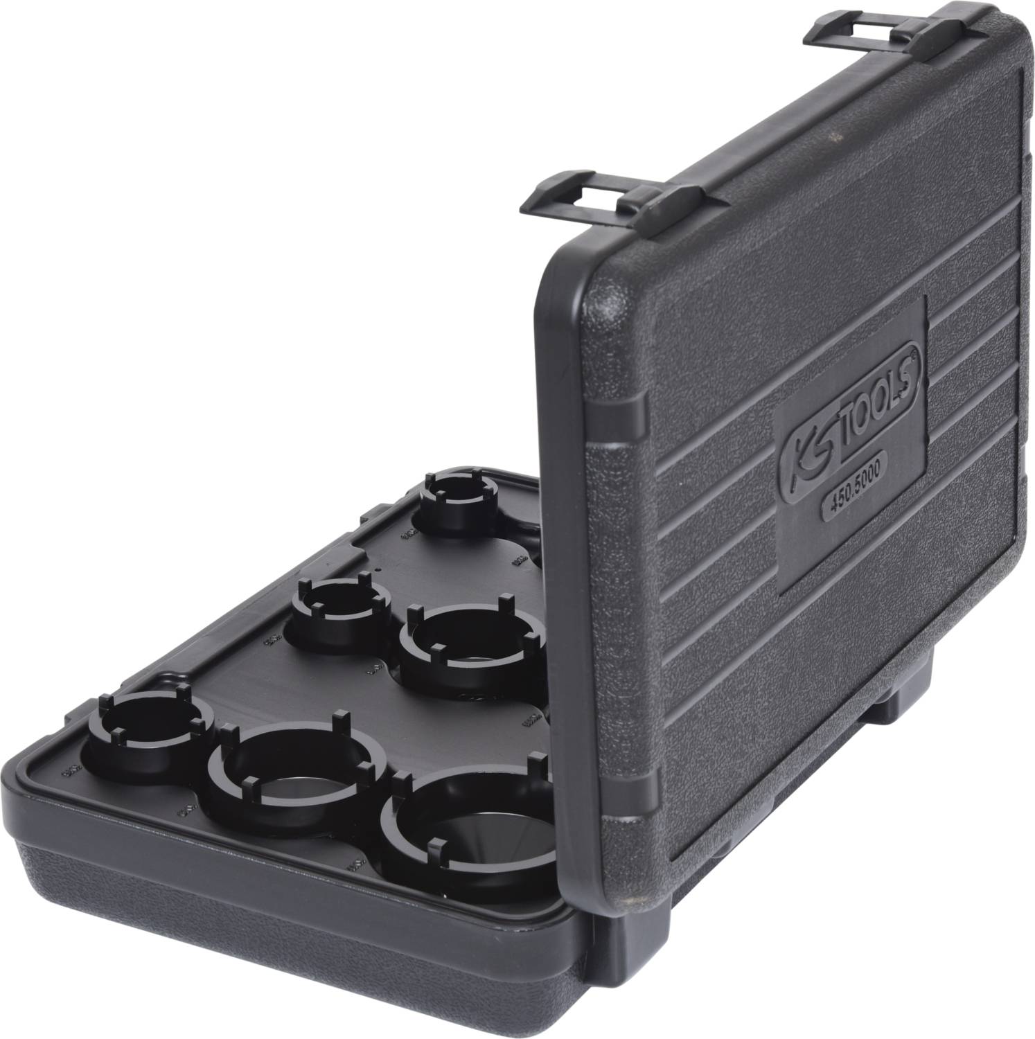 Czarny walizka na narzędzia z sześcioma okrągłymi wycięciami w środku, lekko otwarta. Na pokrywie logo i numer 'KS Tools 153.2060'.