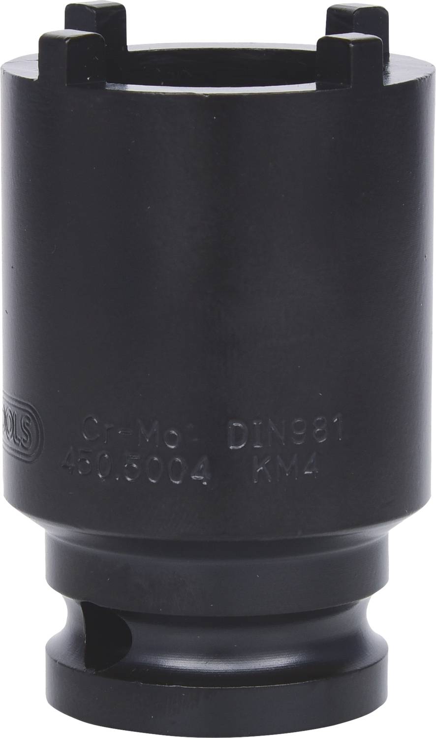 'Czarny metalowy pojemnik o kształcie cylindrycznym, wygrawerowany napisami. Element narzędziowy z trwałą podstawą i czterema wcięciami na górnej powierzchni.'