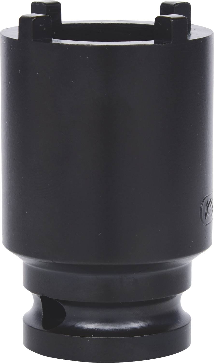 Czarny cylindryczny adapter metalowy z wyżłobioną końcówką, używany do specjalnych celów łączeniowych w maszynach lub urządzeniach.