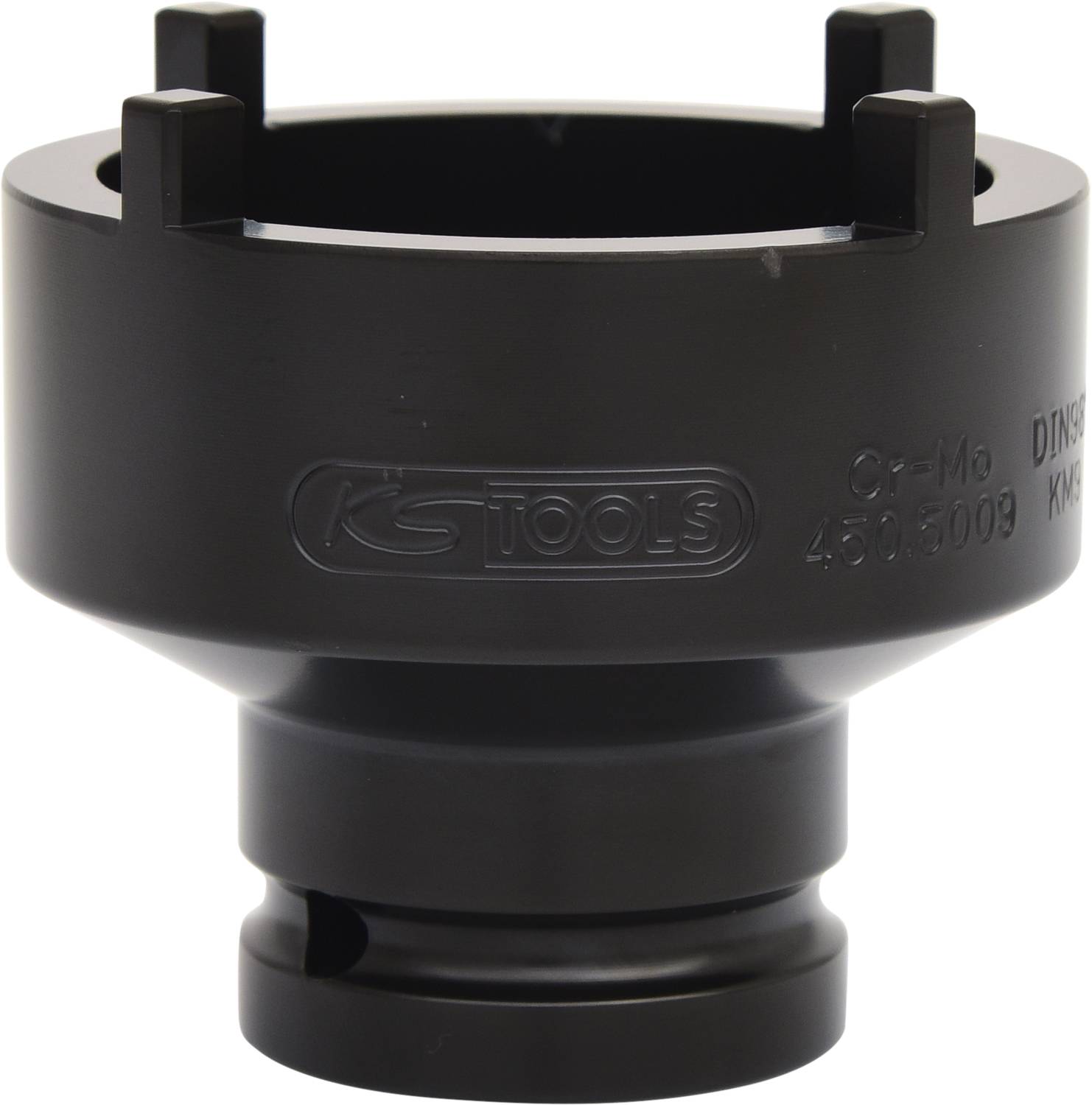 Czarny klucz specjalistyczny z czterema rowkami, stosowany w określonych zastosowaniach technicznych i naprawach.