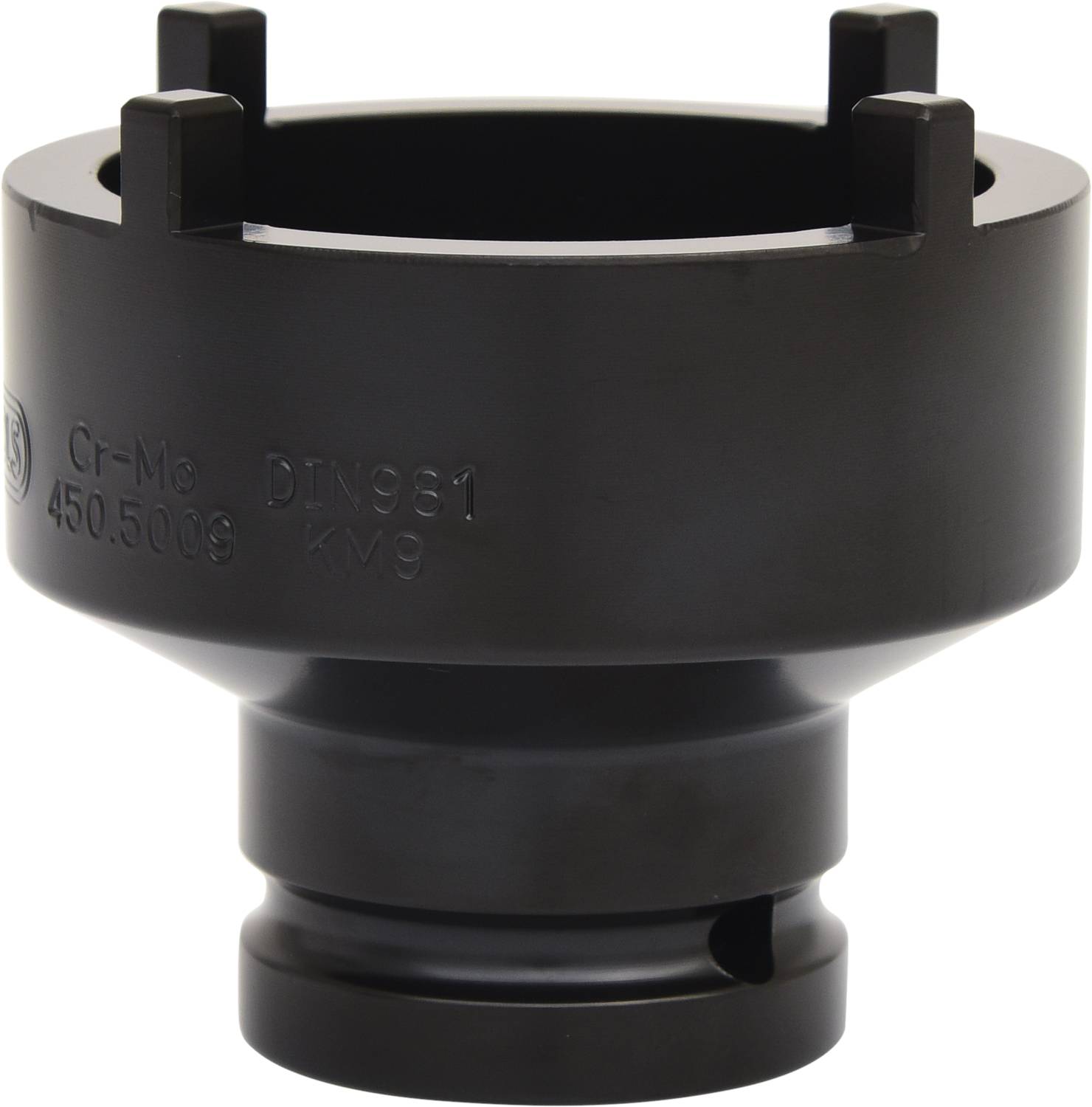 Czarny klucz nasadowy z czterema krótkimi przedłużkami do mocowania. Oznaczony symbolami 'Cr-Mo' oraz 'DIN961 KV9'.