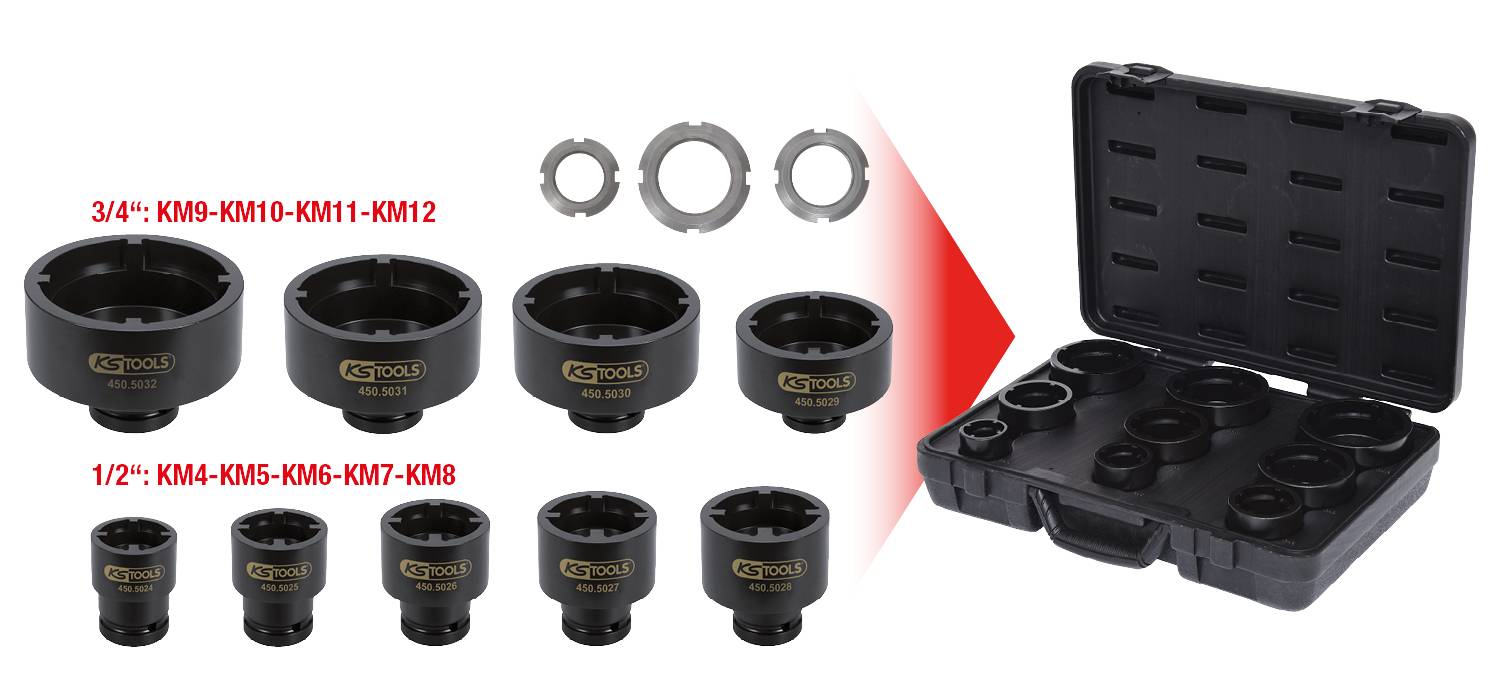 Obraz przedstawia zestaw ośmiu czarnych kluczy nasadowych oraz trzech pierścieni w otwartej czarnej walizce. Rozmiary: 3/4'' i 1/2''.