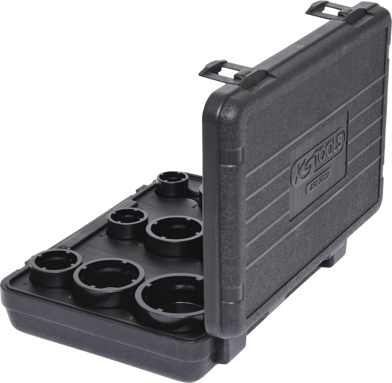 Otwarty czarny kufer narzędziowy z różnymi okrągłymi nakładkami do specyficznych zastosowań, ułożonymi w odpowiednich uchwytach.