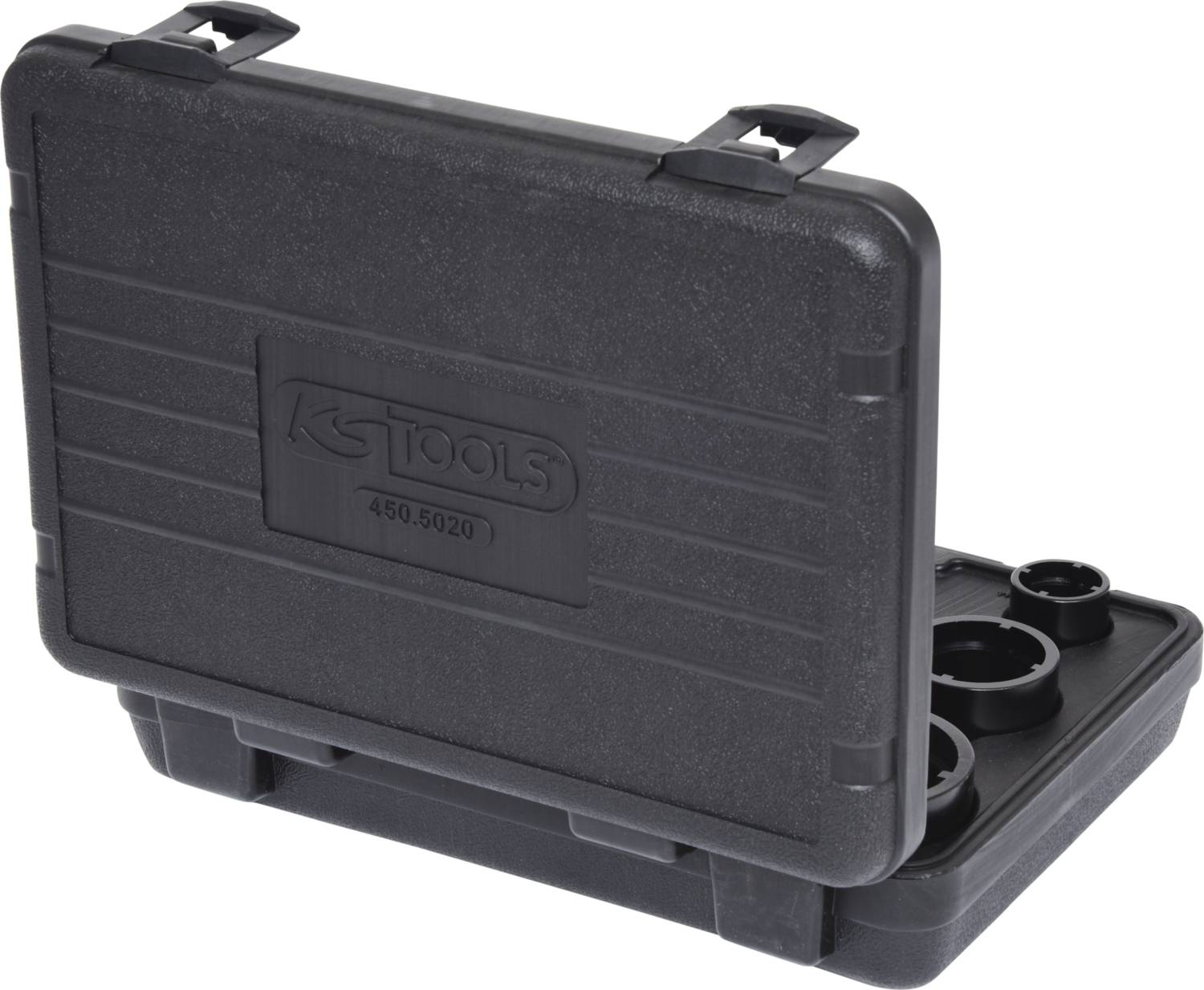 Czarny kufer z logo KS TOOLS, wewnątrz kilka okrągłych gniazd na narzędzia lub części akcesoryjne.