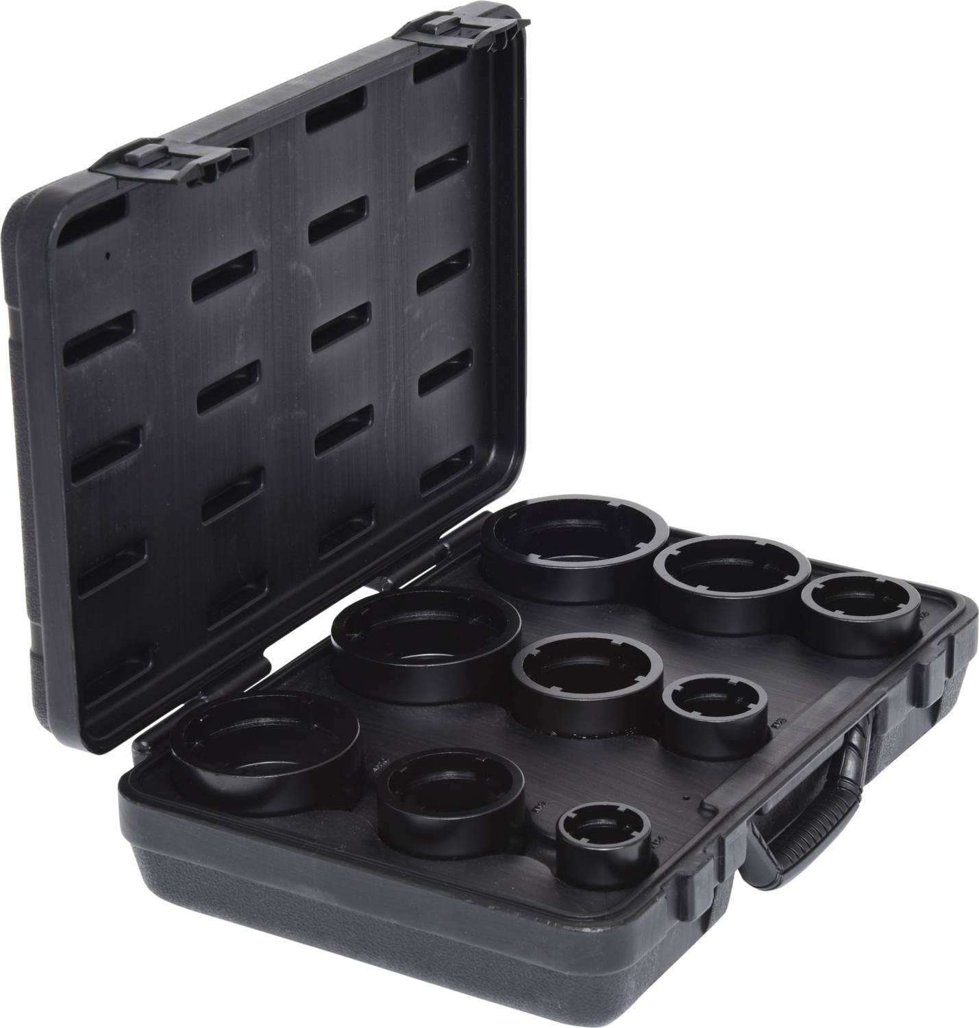 Czarny, otwarty kufer na narzędzia z różnymi okrągłymi końcówkami ułożonymi w wyprofilowanych zagłębieniach.