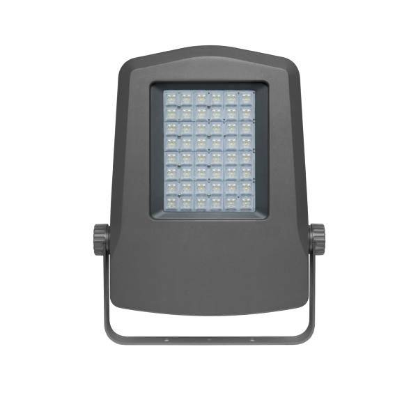 Prostokątny reflektor LED w czarnej obudowie, przeznaczony do oświetlenia zewnętrznego, prezentuje siatkę świecących diod LED.