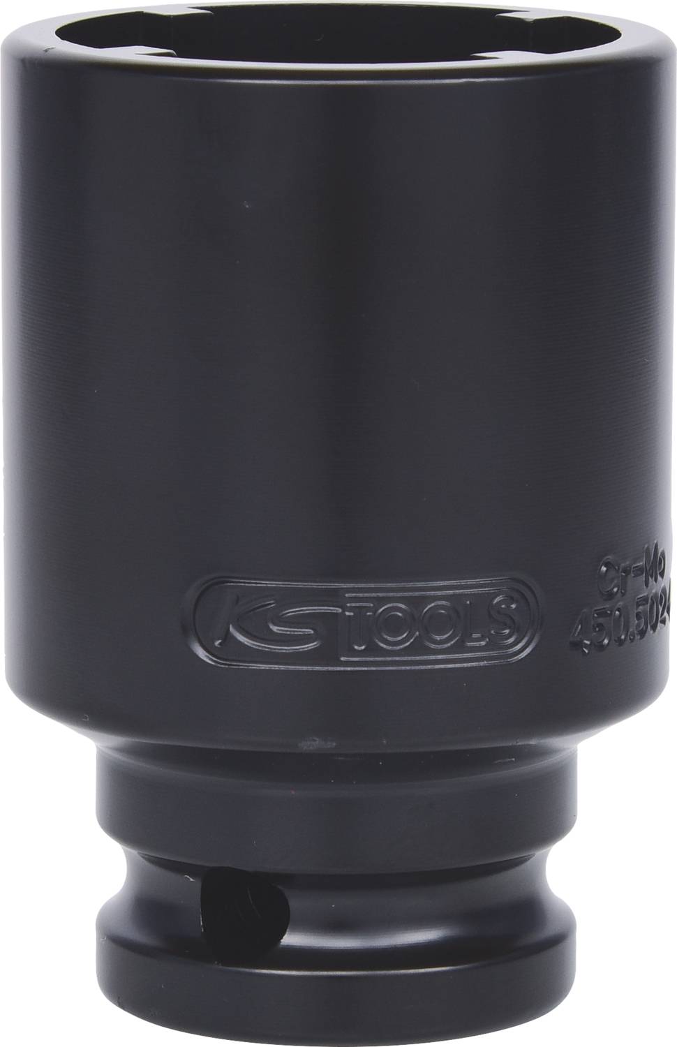 Czarna, cylindryczna nasadka narzędziowa z szerokim profilem sześciokątnym na górnym końcu i oznaczeniami na zewnętrznej krawędzi.
