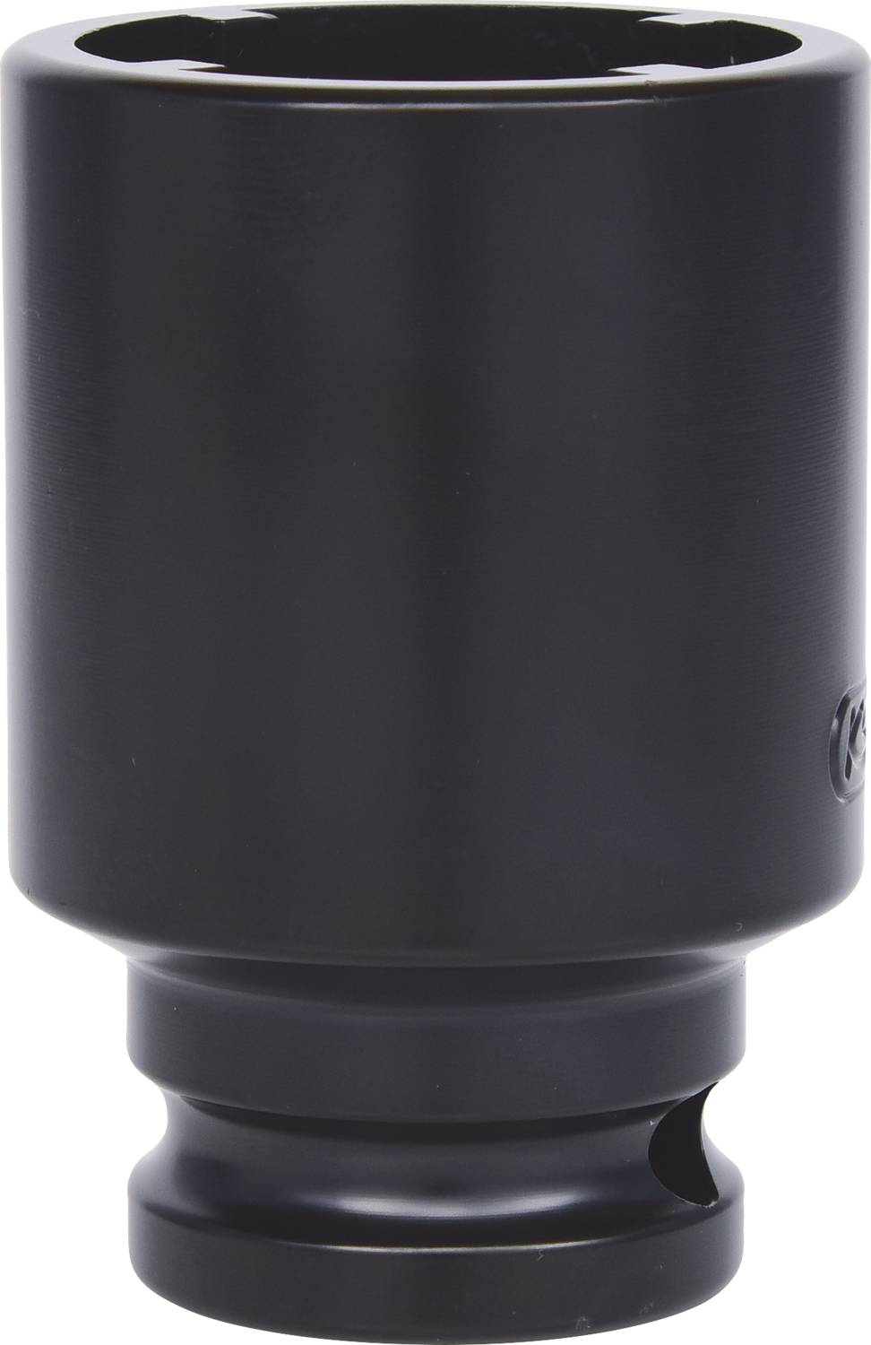 Czarny, cylindryczny kubek o gładkiej powierzchni i płaskim dnie.