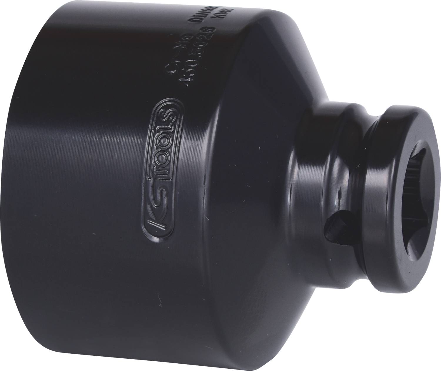 Czarny, cylindryczny element metalowy z wytłoczonym symbolem marki i otworem przelotowym, prawdopodobnie przeznaczony do zastosowań maszynowych.