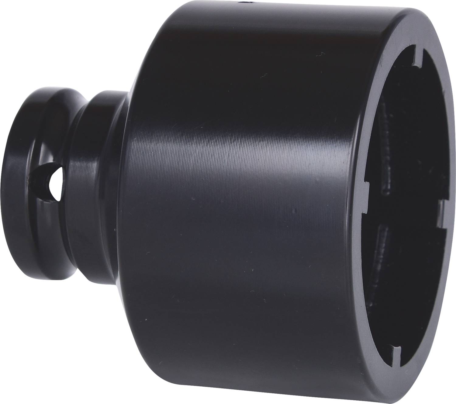 Czarny, cylindryczny element metalowy z otworami i złączem wtykowym. Prawdopodobnie stosowany w zastosowaniach mechanicznych.