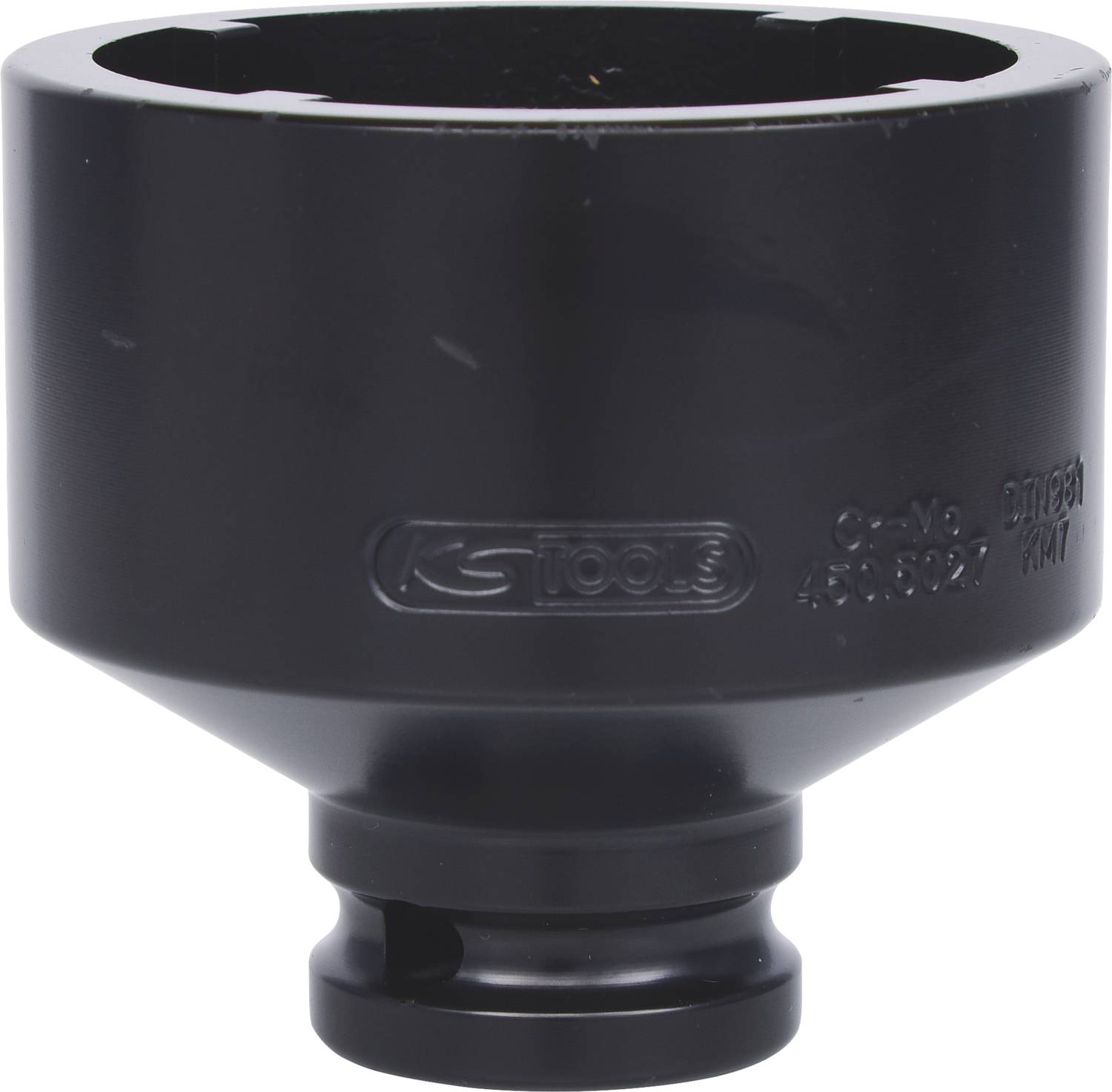 Czarny cylindryczny element metalowy z szerokim rantem i wąskim zakończeniem, prawdopodobnie akcesorium do zastosowań technicznych.