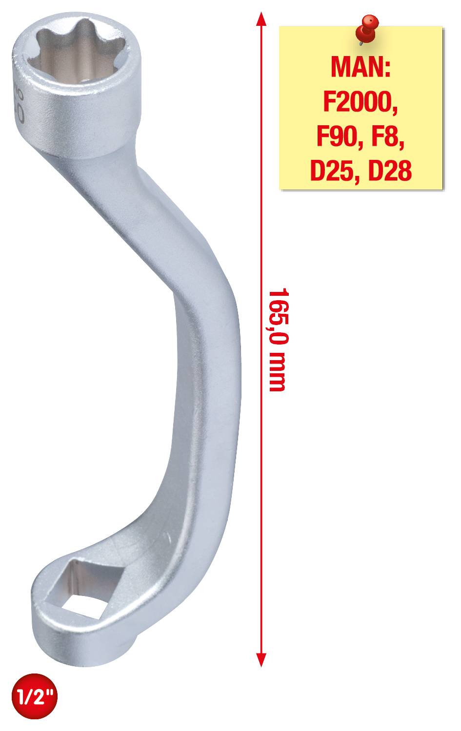 Srebrny klucz nastawny z wygiętym trzpieniem, długość 165,0 mm, 1/2 cala. Tekst na żółtym tle: 'MAN: F2000, F90, F8, D25, D28'.