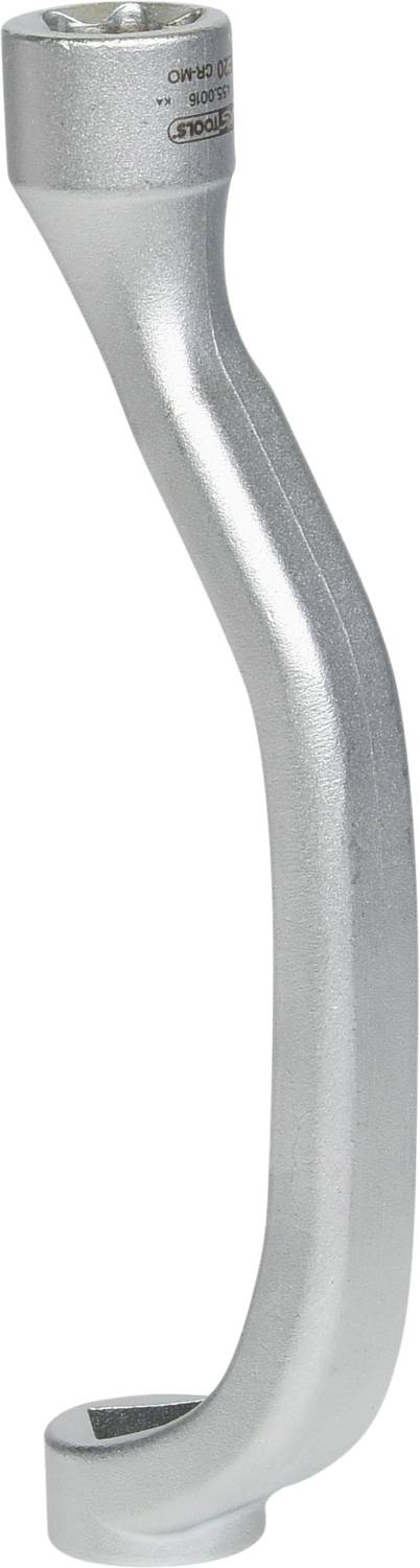 Srebrny klucz nastawny z wygiętą rękojeścią, używany do odkręcania nakrętek lub śrub w trudno dostępnych miejscach.