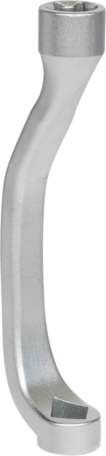 Srebrny klucz do kół samochodowych z wygiętym trzonkiem, wyposażony w dwa różne sześciokątne końcówki, przeznaczony do obsługi felg.