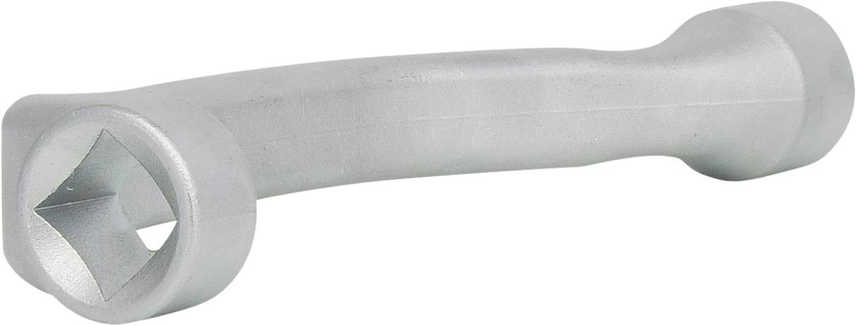 Wygięte srebrne narzędzie z kwadratowym otworem na jednym końcu, prawdopodobnie dźwignia lub adapter do specjalnych połączeń.