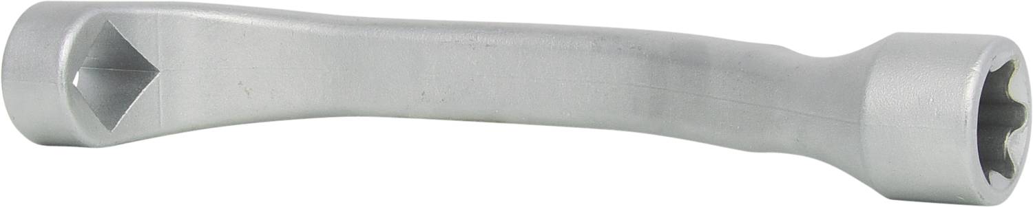 Srebrny klucz płaski z sześciokątnym i gwiazdkowym końcem, przeznaczony do odkręcania lub dokręcania śrub.