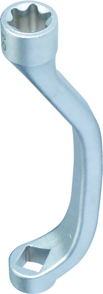 Srebrny klucz pierścieniowy z wygiętą rękojeścią, zakończony u góry dwunastokątną, a u dołu sześciokątną końcówką.