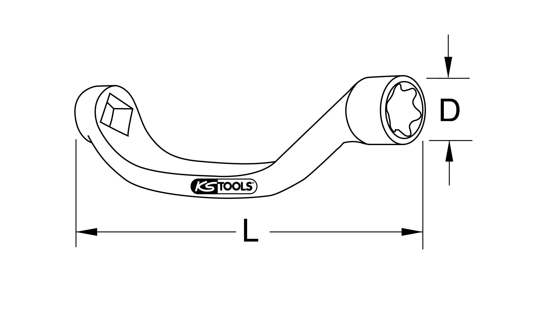 Zakrzywiony klucz nastawny z kwadratowym otworem na jednym końcu i sześciokątnym otworem na drugim. Wymiary: długość (L) i średnica (D) oznaczone.