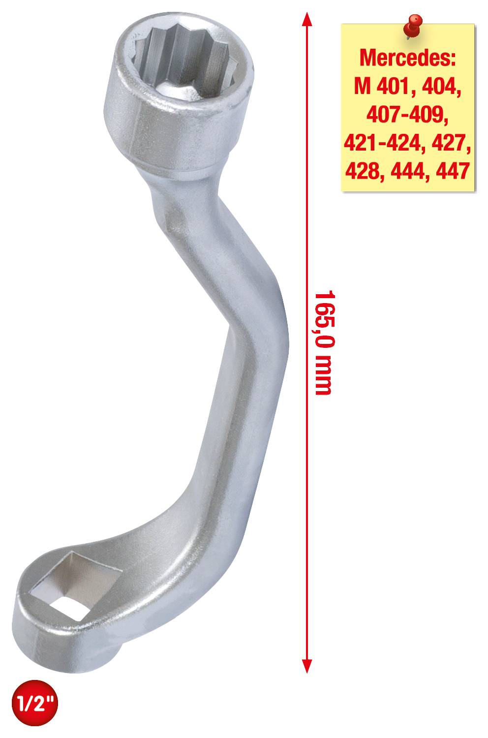 Obraz srebrnego, zakrzywionego klucza do nakrętek. Czerwona strzałka wskazuje długość: 165,0 mm. Odpowiedni dla modeli Mercedes: M 401, 404, 407-409, 421-424, 427, 428, 444, 447. Rozmiar kwadratowy: 1/2".