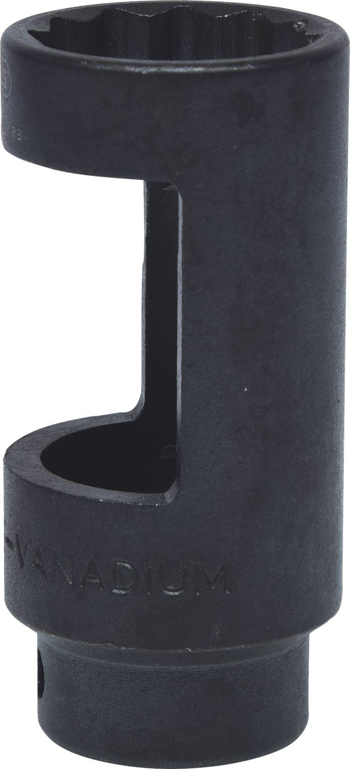 Czarny klucz nasadowy z otwartym wycięciem, prezentujący wzmocnioną wersję. Odpowiedni do użycia w trudno dostępnych miejscach.