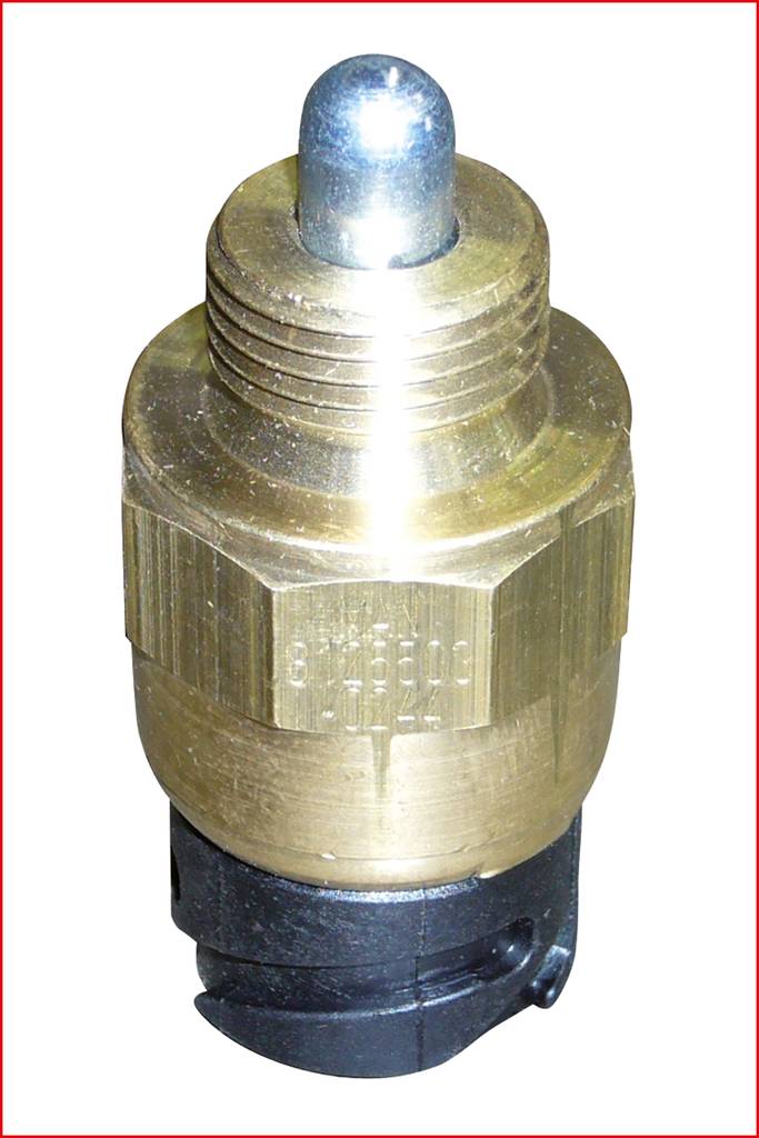 Mosiężny czujnik temperatury z czarną wtyczką z tworzywa sztucznego i metalową kopułką, prawdopodobnie przeznaczony do stosowania w silnikach pojazdów.