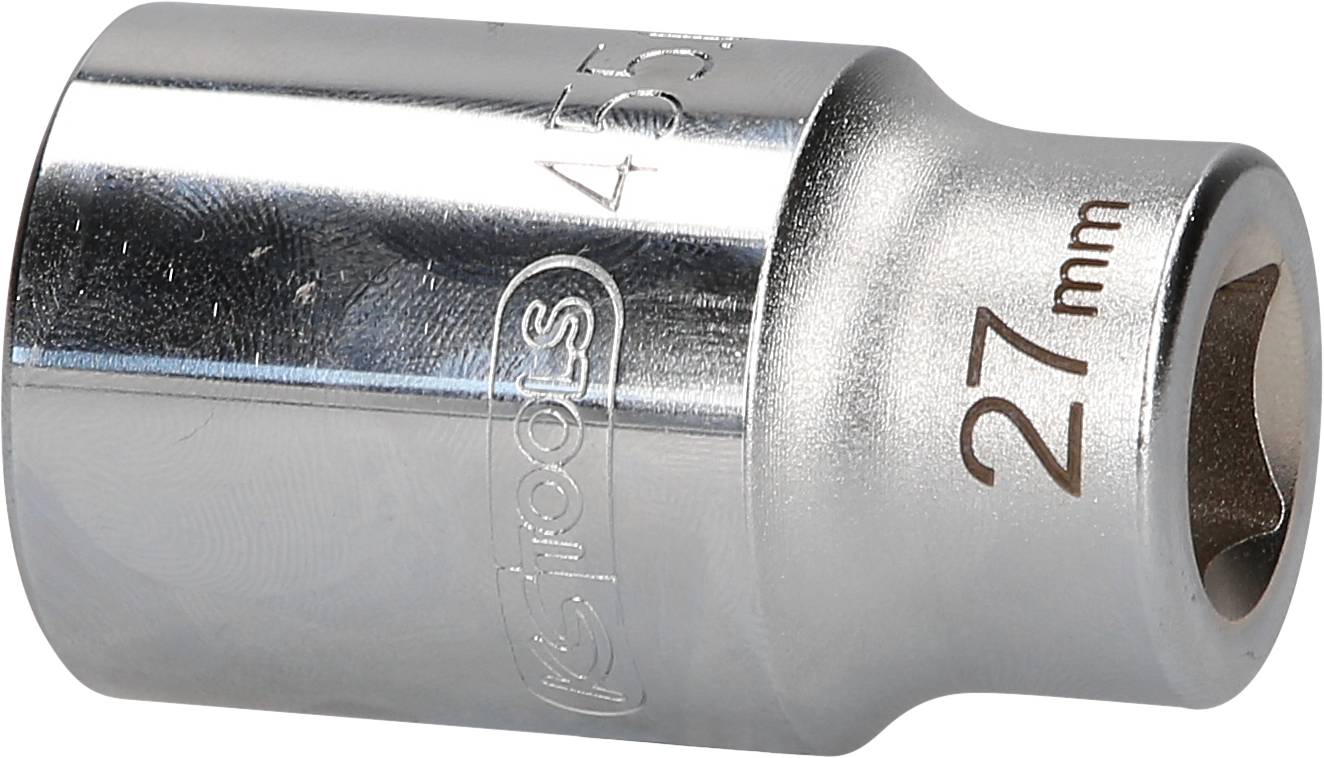 '27-milimetrowy klucz nasadowy sześciokątny wykonany z połyskującego metalu.'