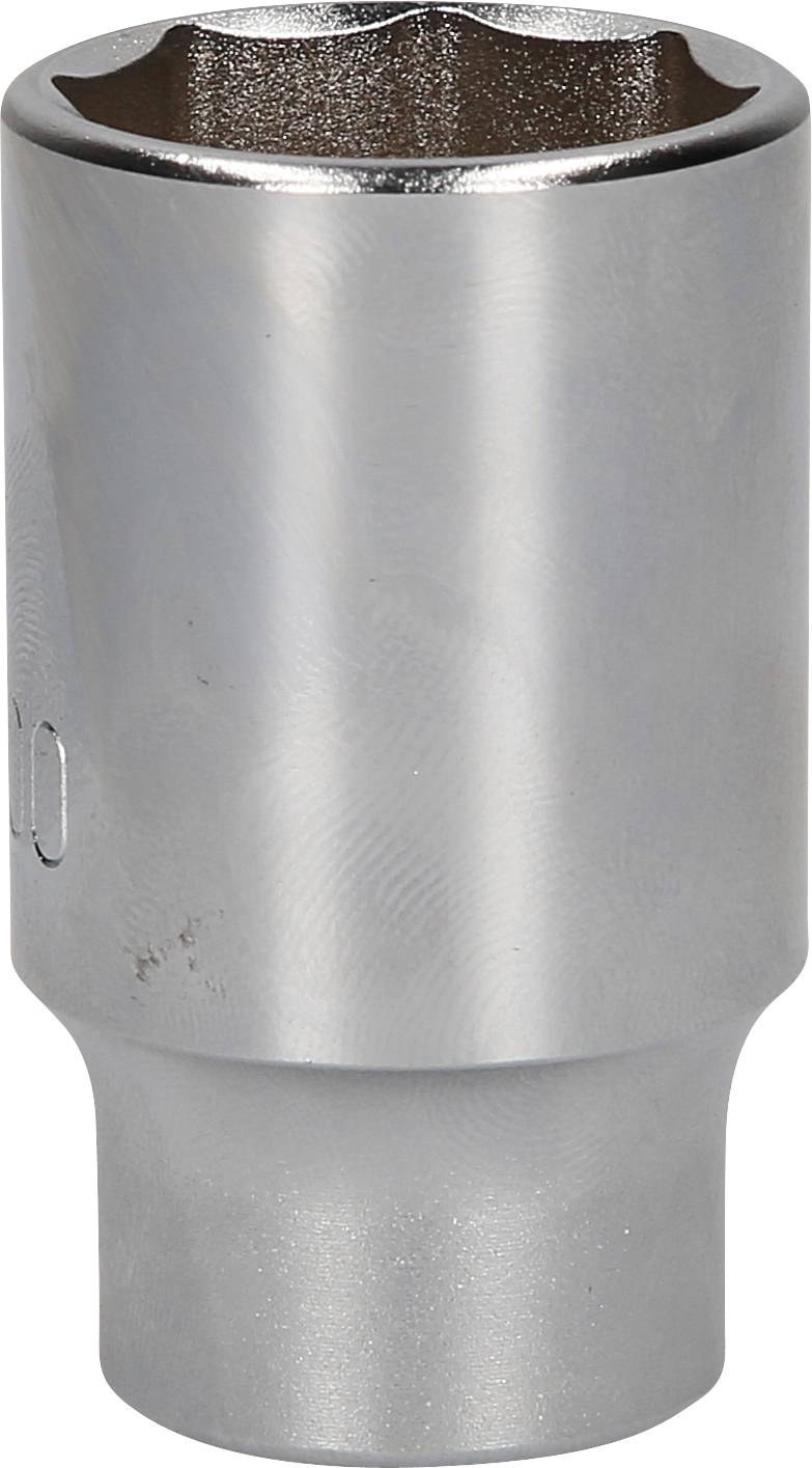 Srebrny metalowy łącznik w kształcie cylindra z sześciokątnym otworem, używany do dokręcania śrub i nakrętek.