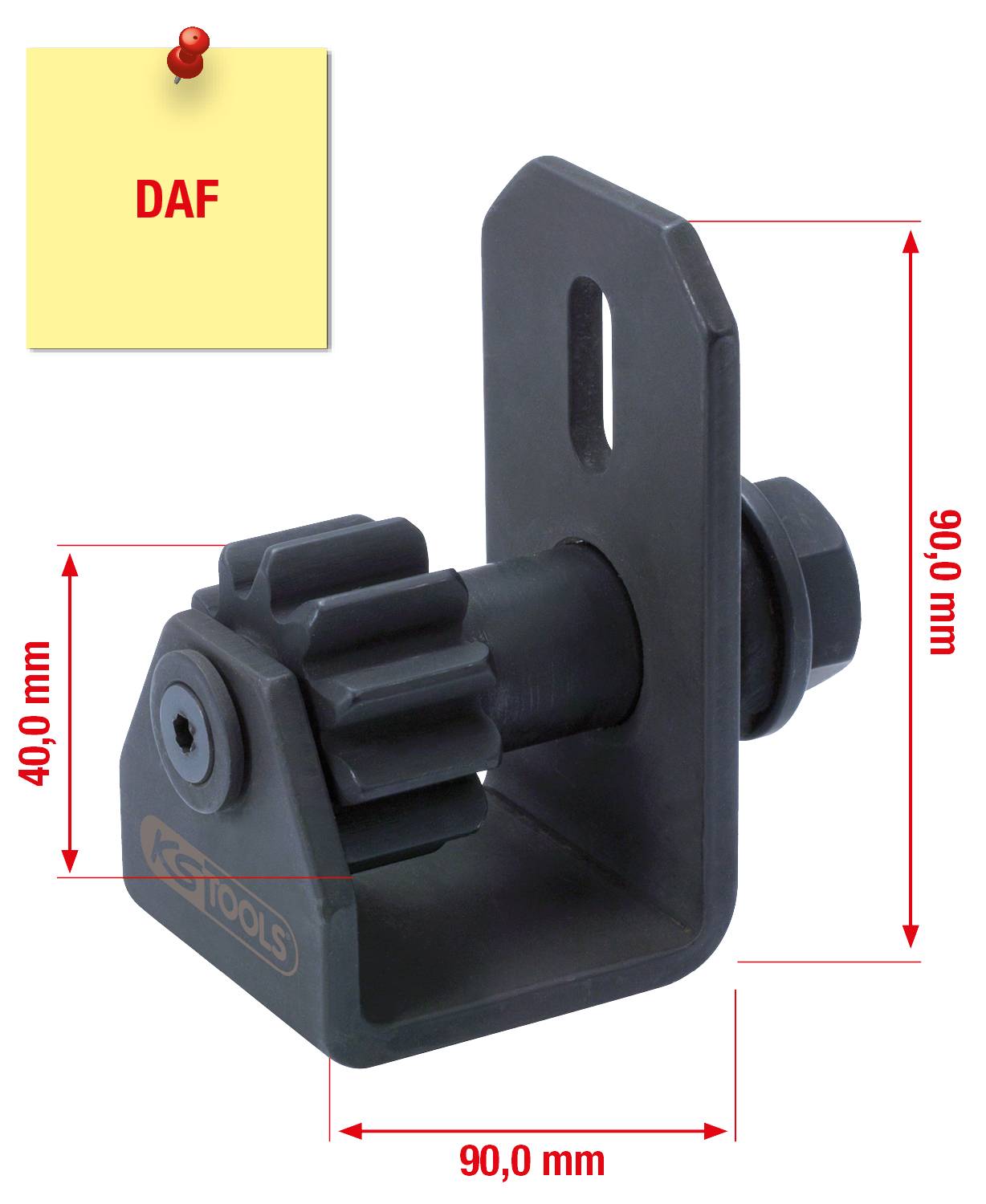 Czarne narzędzie o wymiarach 90 mm x 40 mm x 90 mm. W lewym górnym rogu wisi żółta kartka z czerwonym napisem 'DAF'.
