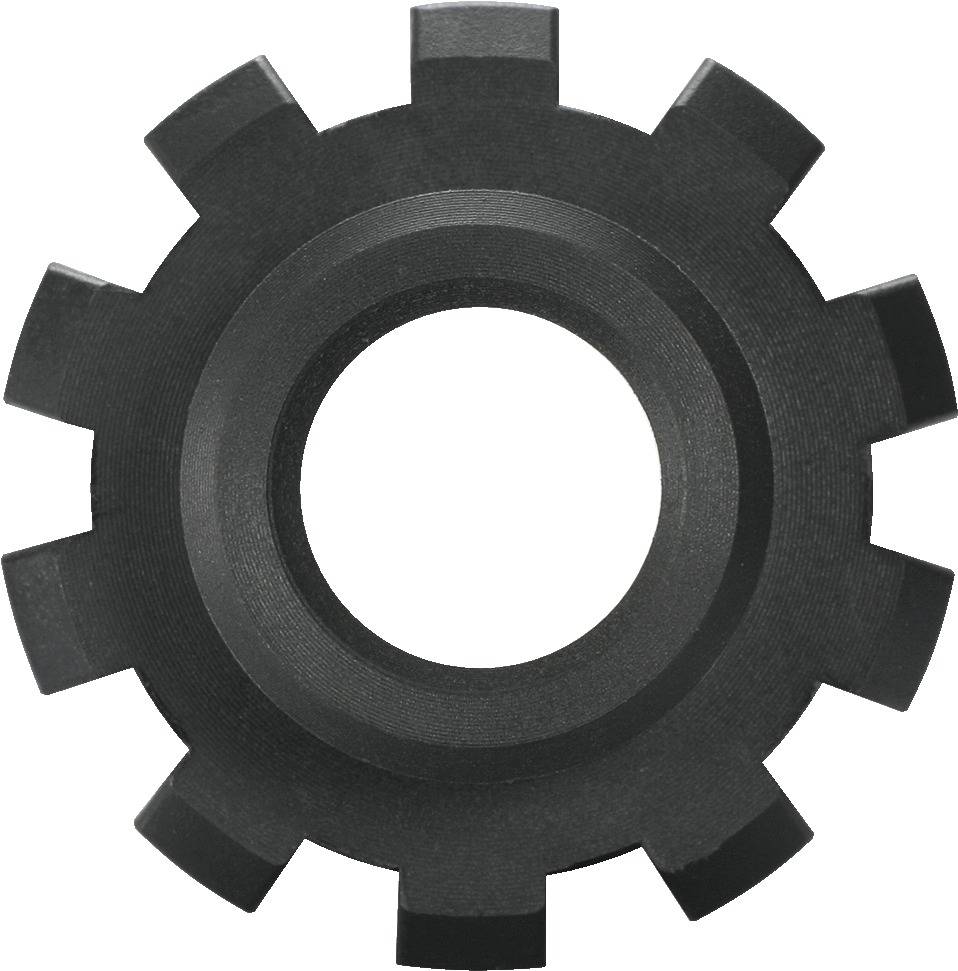 Czarne koło zębate z ośmioma równomiernie rozmieszczonymi zębami. Wykonane jest z metalu i nie wykazuje widocznych uszkodzeń.