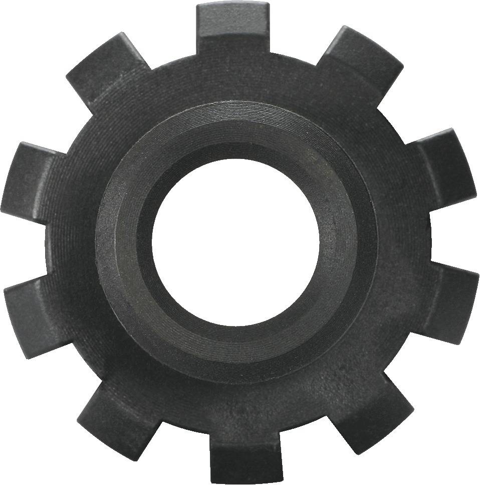 Siedmiozębne metalowe koło zębate z okrągłym otworem pośrodku, prawdopodobnie element urządzenia mechanicznego lub maszyny.