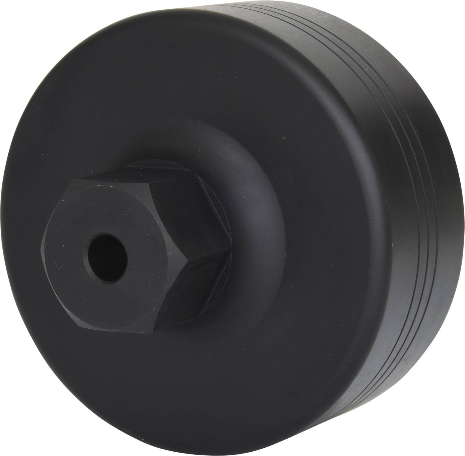 Czarny metalowy element narzędziowy z sześciokątnym otworem pośrodku, prawdopodobnie część narzędzia lub maszyny.