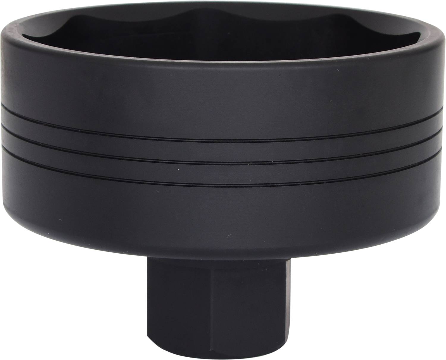 Czarny cylindryczny narzędź z żebrowanym uchwytem i sześciokątną podstawą, często używany do usuwania filtrów oleju.