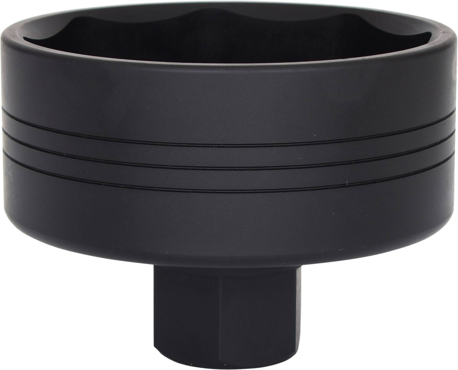 Czarny, metalowy klucz do filtrów oleju, cylindryczny z żebrowanym uchwytem, przeznaczony do zdejmowania filtrów oleju w samochodach.