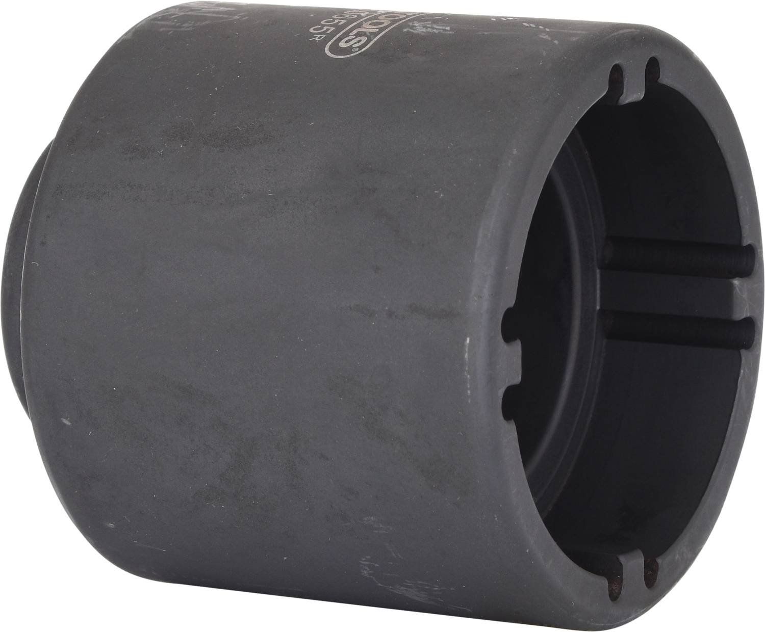 Cylindryczny, szary metalowy cylinder z nacięciami i lekko wystającym brzegiem na jednym końcu.