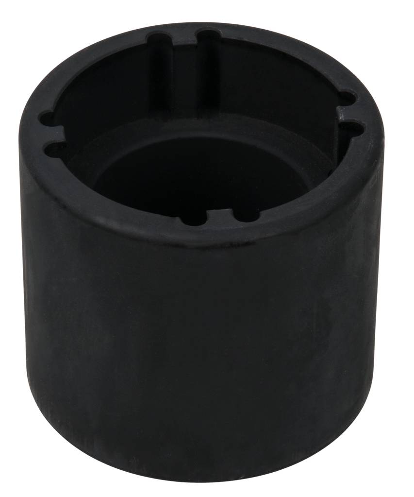 Czarny, cylindryczny element z tworzywa sztucznego z czterema wcięciami na górnej powierzchni, prawdopodobnie końcówka narzędziowa.