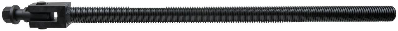Czarna stalowa śruba napinająca z gwintem i elementami mocującymi, odpowiednia do zastosowań przemysłowych lub budowlanych.