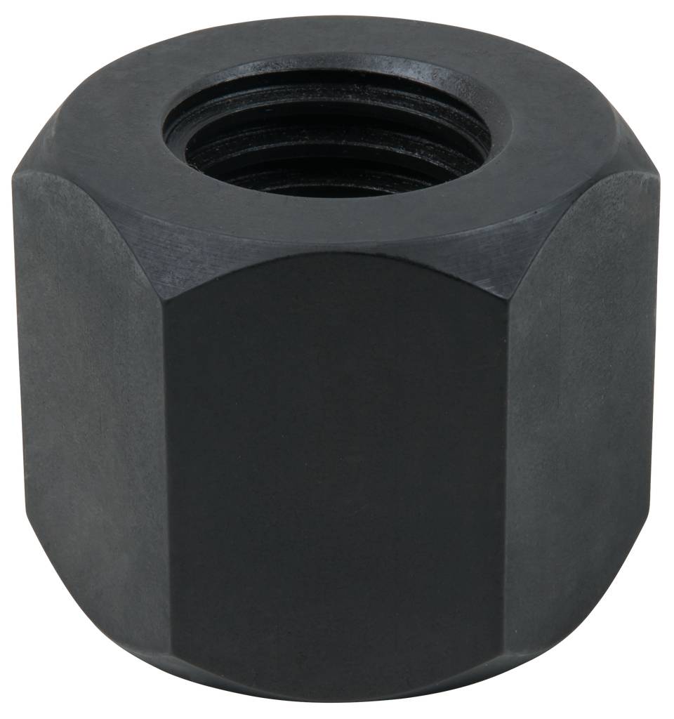 Sześciokątna nakrętka ze stali czarnej, widok z boku, ukazujący gwint wewnętrzny.