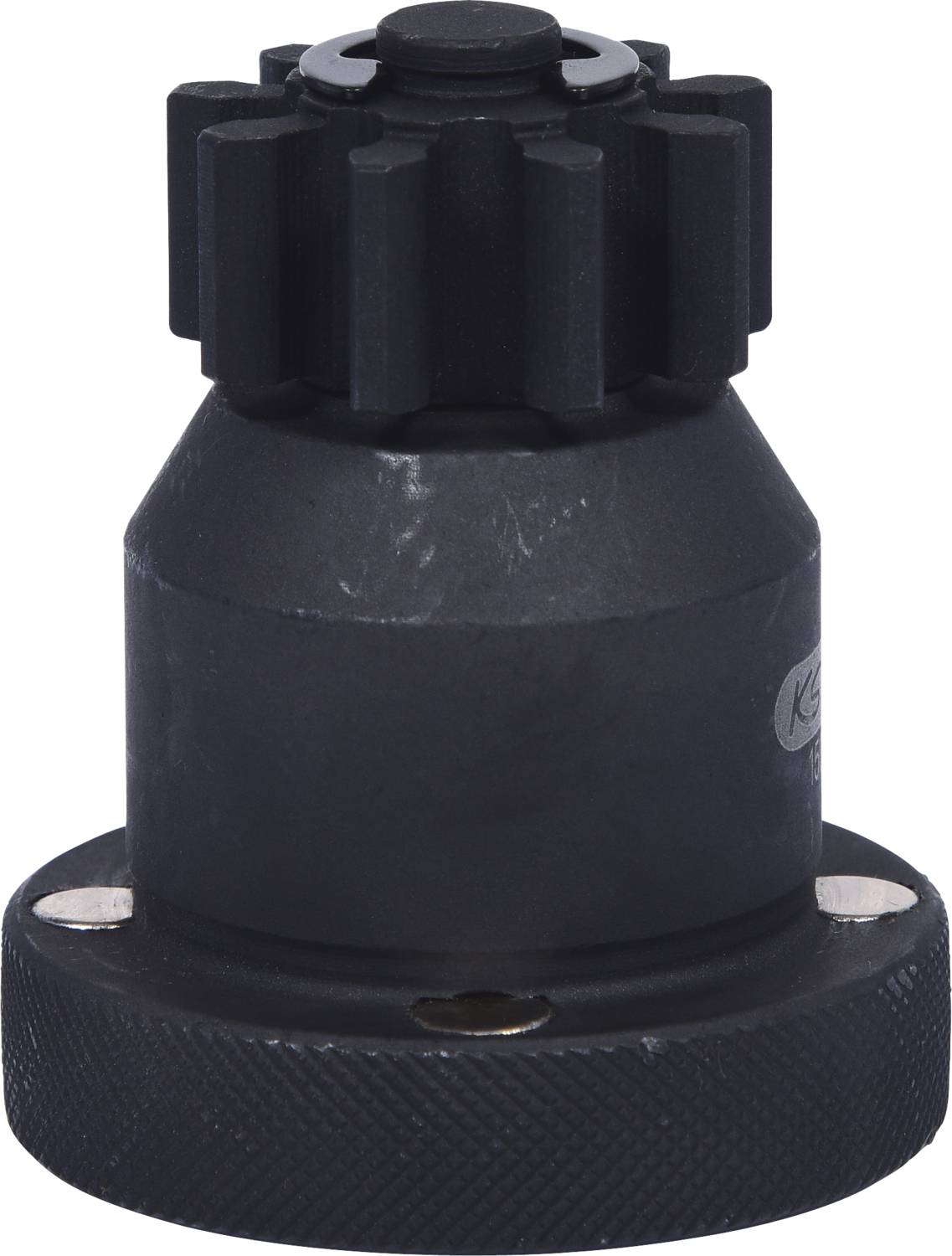 Czarny, cylindryczny element maszyny z ząbkowanym górnym końcem i okrągłą podstawą. Stosowany w zastosowaniach mechanicznych.