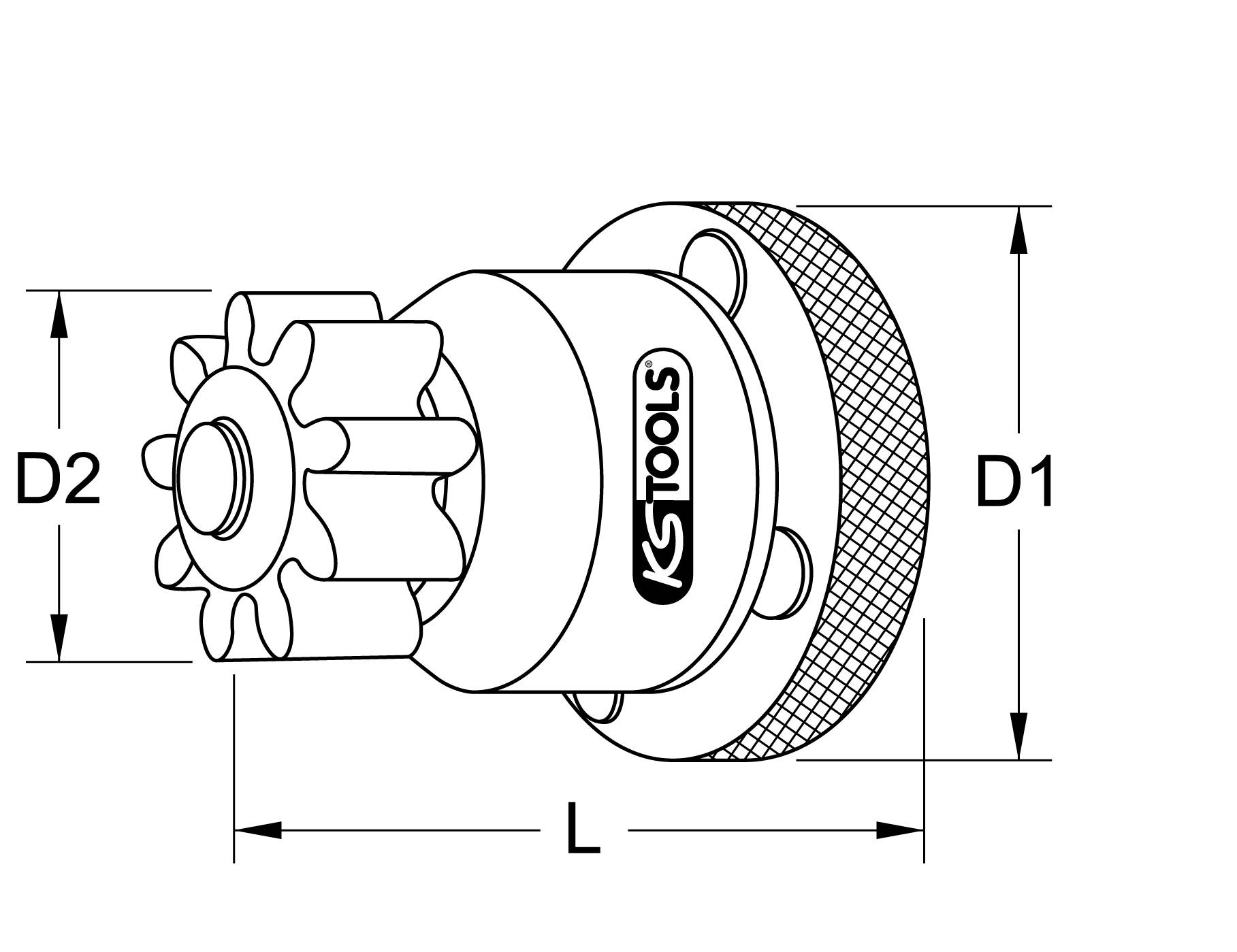 Rysunek techniczny klucza nasadowego z wymiarami D1, D2 i L. Oznaczony logo 'KS Tools'. Przedstawia szczegółowe informacje o narzędziu.