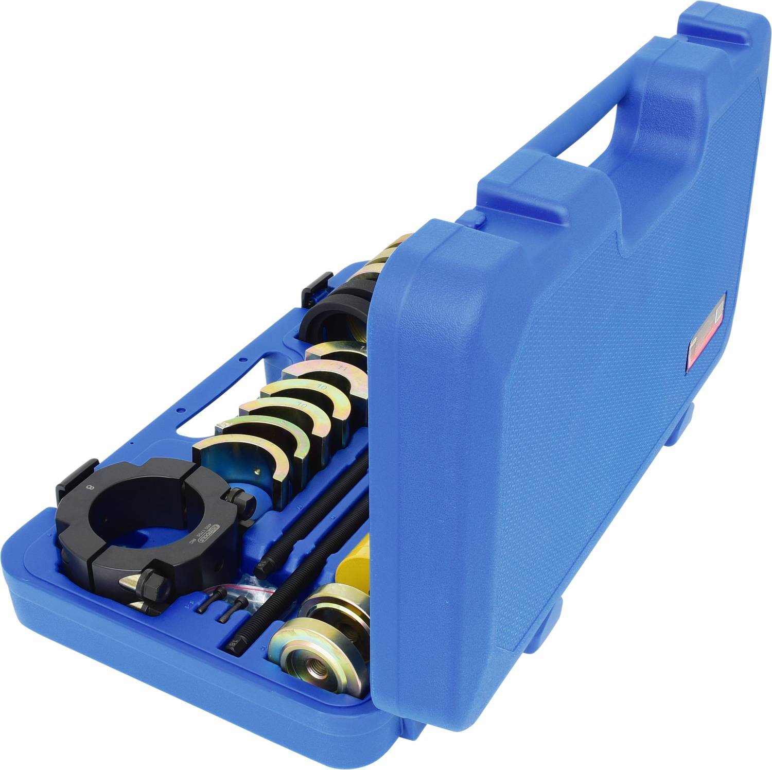 Niebieski skrzynka narzędziowa z otwartą pokrywą prezentuje różne metalowe pierścienie i narzędzia używane do naprawy pojazdów.