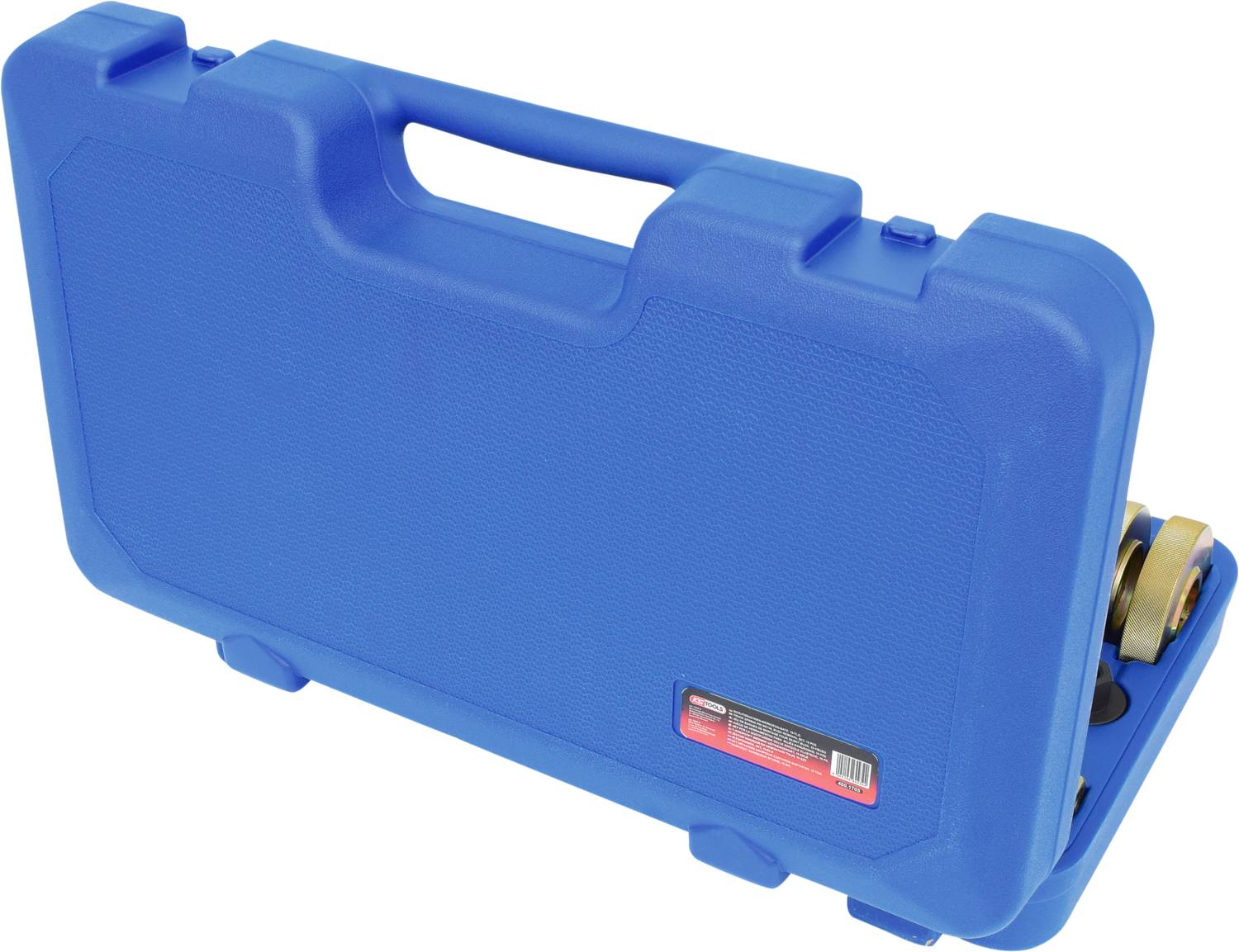 Niebieski plastikowy kufer z uchwytem, lekko otwarty, ukazujący narzędzia wewnątrz. Naklejka na boku kufra.