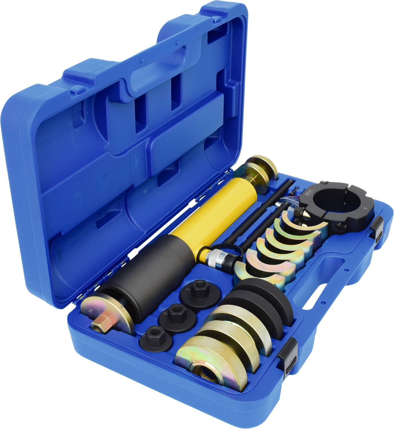 Niebieski kufer narzędziowy z różnymi narzędziami samochodowymi, w tym amortyzatorami i ściskami, ułożonymi w porządku.