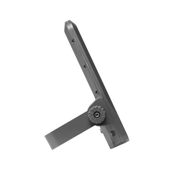 'Widok z boku szarego, obrotowego stojaka z regulowanym kątem nachylenia.'