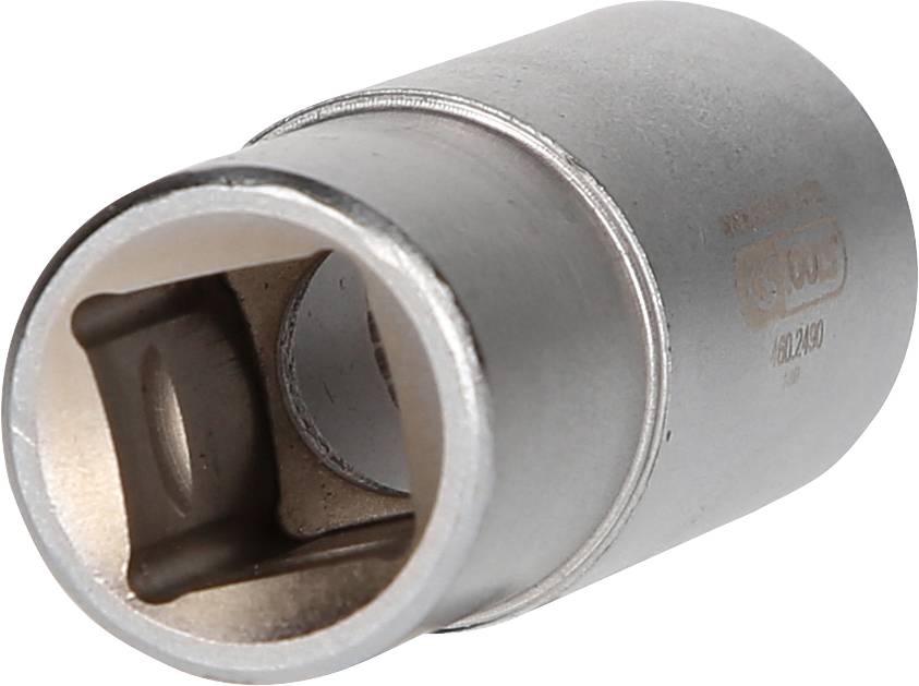 Srebrny klucz nasadowy o kwadratowym zakończeniu, używany do dokręcania lub odkręcania nakrętek i śrub za pomocą klucza.