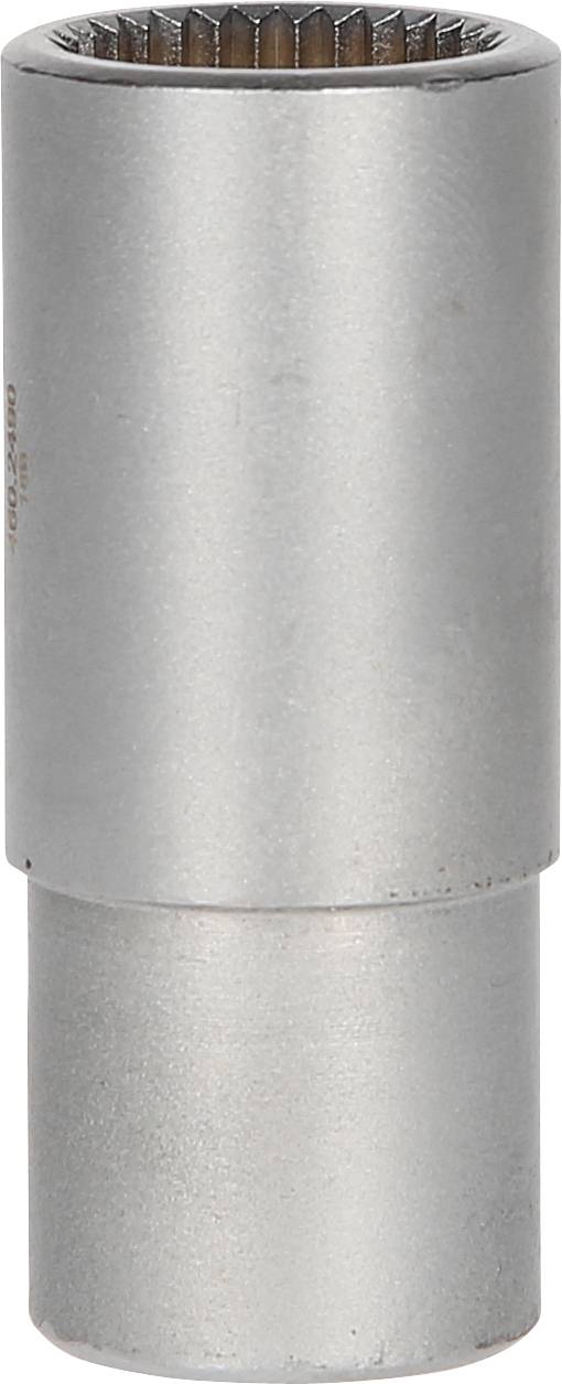 Srebrny metalowy klucz nasadowy o kształcie cylindrycznym, prawdopodobnie przeznaczony do prac naprawczych w mechanice.